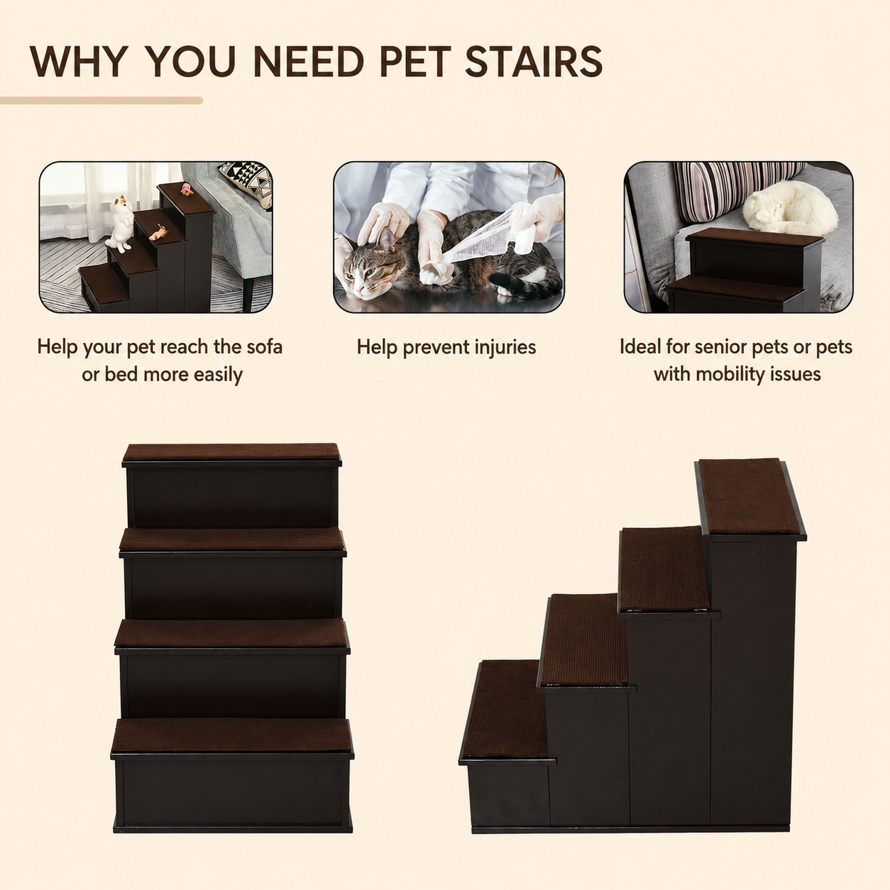 Pet Stairs for Small Dogs & Cats | 4 Cushioned Steps